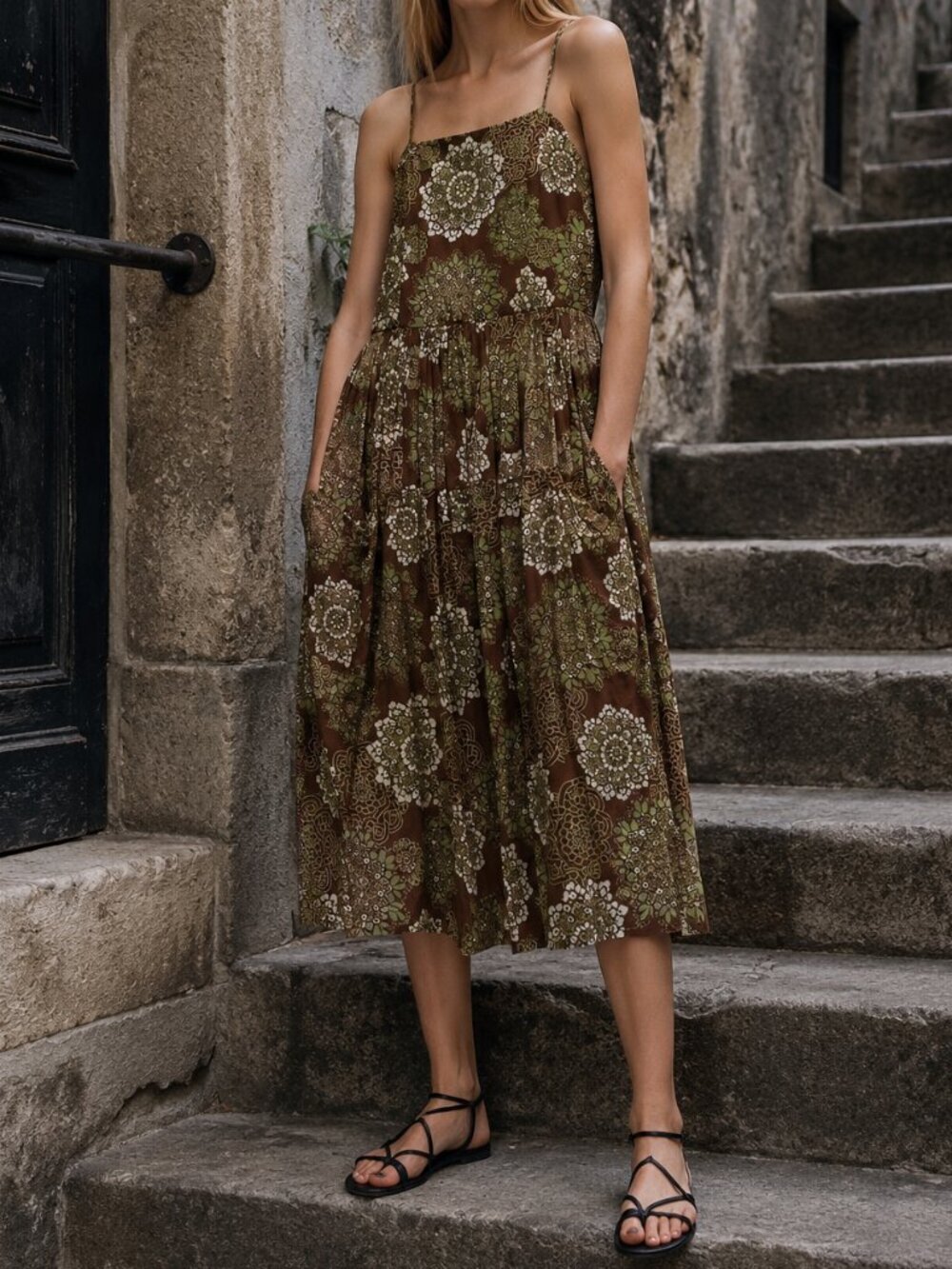 Cotton Chocolate and Olive Floral Dress